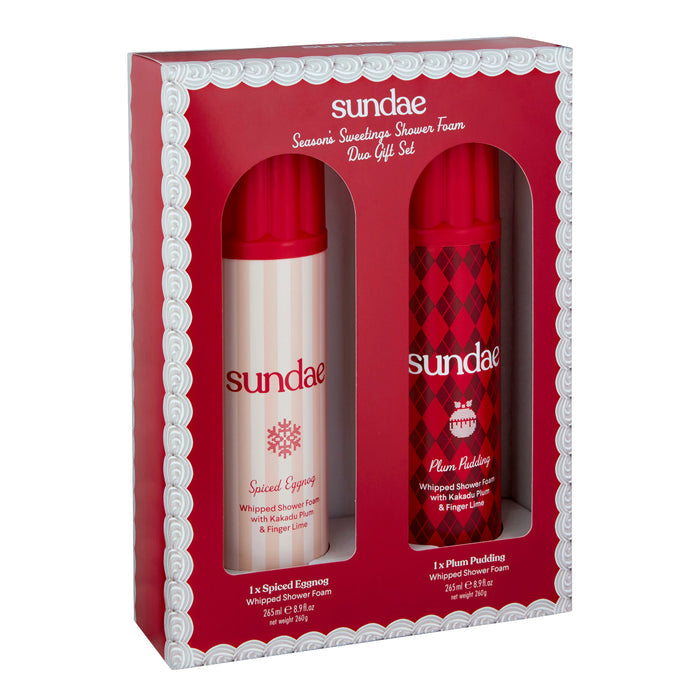 Sundae Season's Sweetings Shower Foam Duo Gift Set in red box, Spiced Eggnog striped can and Plum Pudding argyle can, white background