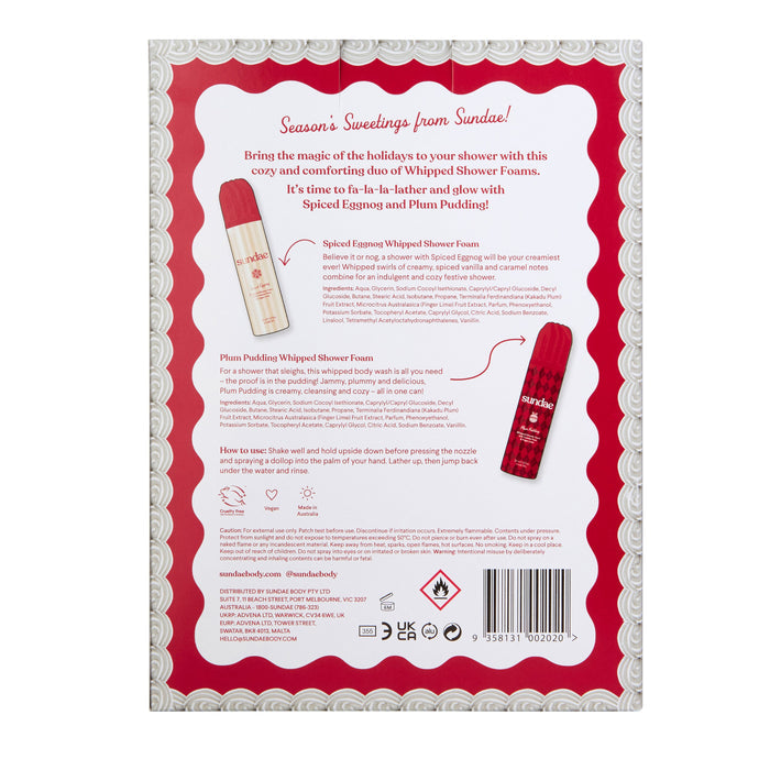 Back of Sundae Plum Pudding & Spiced Eggnog Shower Foam Duo on red/white packaging with ingredient and usage text.