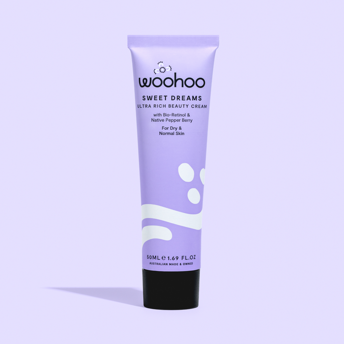 Woohoo Body Sweet Dreams Night Cream, an ultra-rich natural moisturiser, in a 50g recyclable aluminium tube.