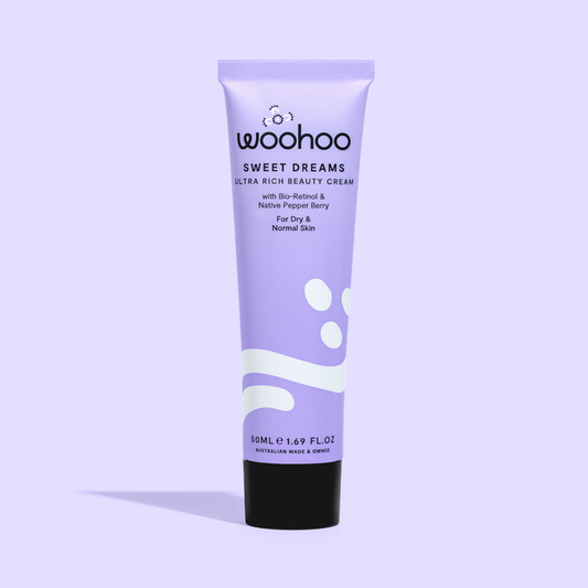 Woohoo Body Sweet Dreams Night Cream, an ultra-rich natural moisturiser, in a 50g recyclable aluminium tube.