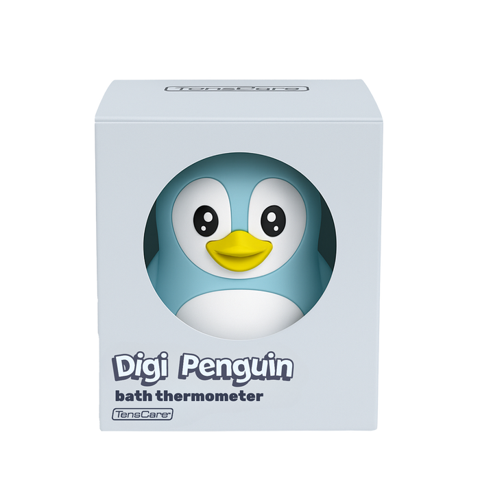 TensCare Digi Penguin Bath Thermometer in light blue box with circular window showing teal penguin toy, white background.