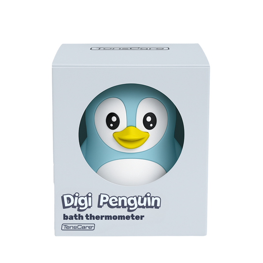 TensCare Digi Penguin Bath Thermometer in light blue box with circular window showing teal penguin toy, white background.