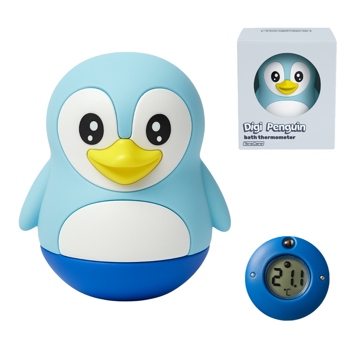 TensCare Digi Penguin Bath Thermometer in blue/white, showing penguin figure, digital display reading 21.1°C, and product box on white background.