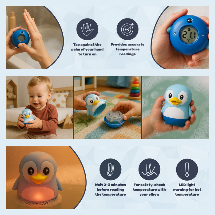 TensCare Digi Penguin Bath Thermometer shown with baby, displaying 21.1°C reading, LED warning light, on light blue background.