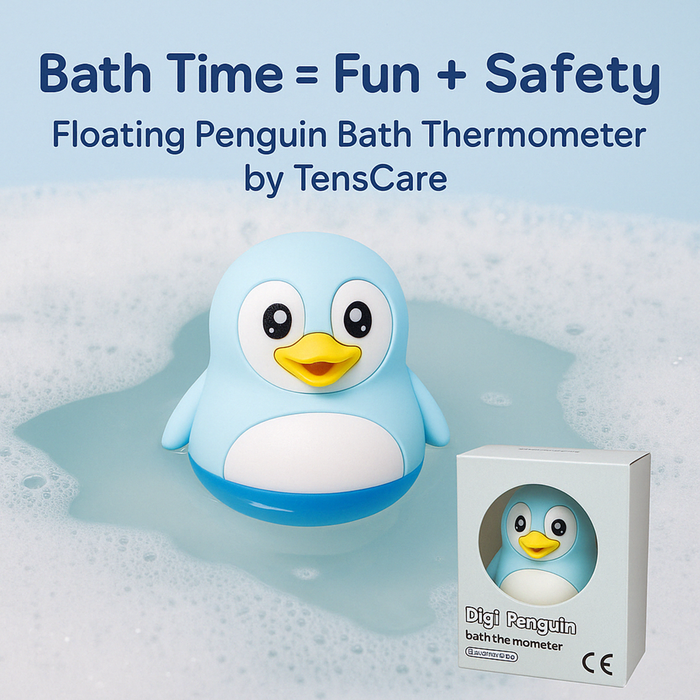 TensCare Digi Penguin Bath Thermometer floating in soapy water on light blue background, with product box showing CE mark.