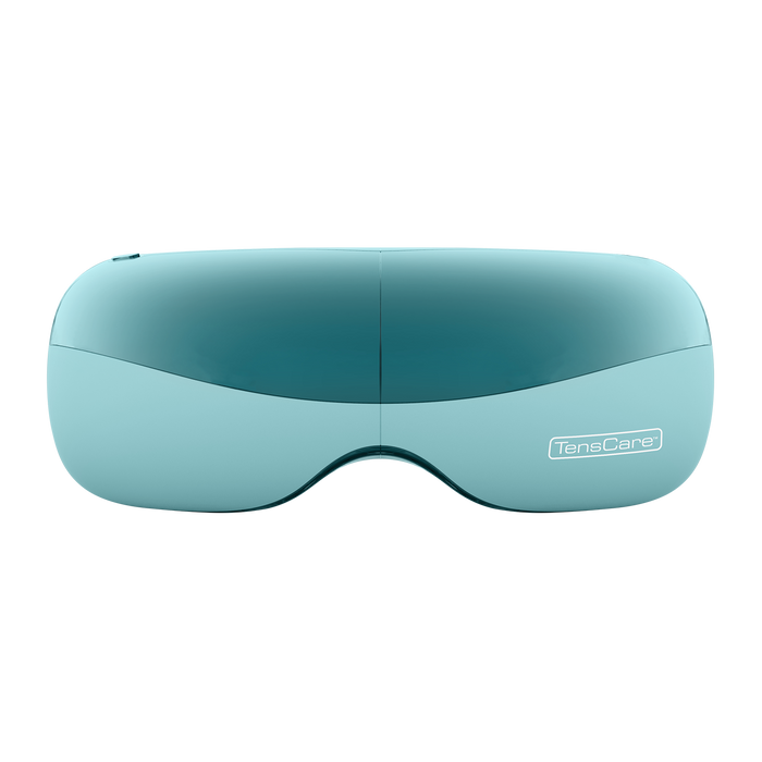 TensCare OKO Eye Massager in teal, front view showing dual-eye goggle design with TensCare logo, white background.