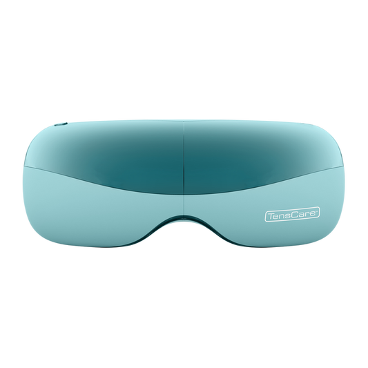 TensCare OKO Eye Massager in teal, front view showing dual-eye goggle design with TensCare logo, white background.