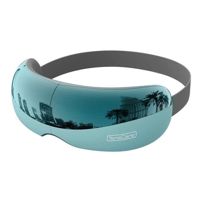 TensCare OKO Eye Massager in teal with mirrored visor and grey strap, white background, TensCare logo on front.