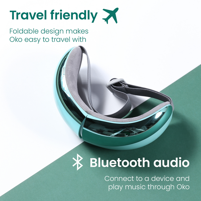 TensCare OKO Eye Massager folded open in teal, on white and green background. Text: "Travel friendly" and "Bluetooth audio"