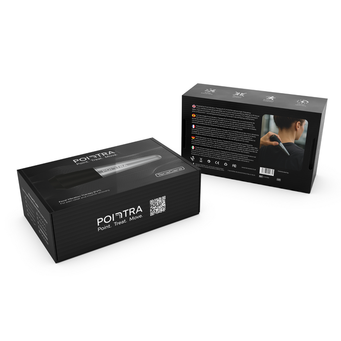 TensCare Pointra black box packaging, front reads "Point. Treat. Move." with QR code, back shows multilingual text and device in use, white background.