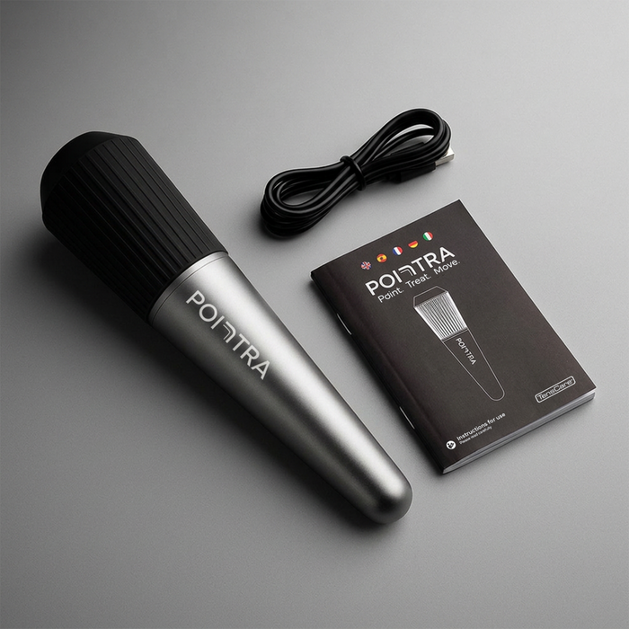 TensCare Pointra device, USB cable, and instruction booklet reading "Point. Treat. Move." on grey background