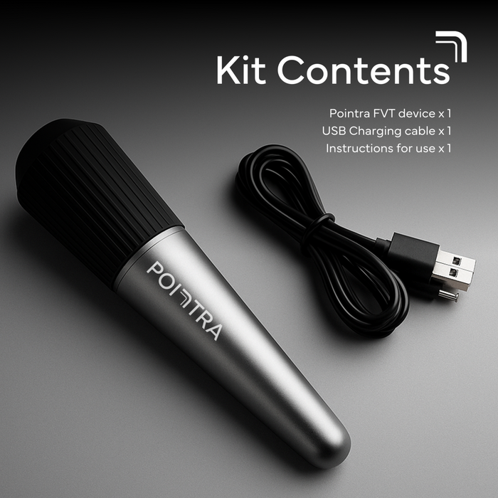 TensCare Pointra FVT device and USB charging cable on grey background, text reads "Kit Contents"