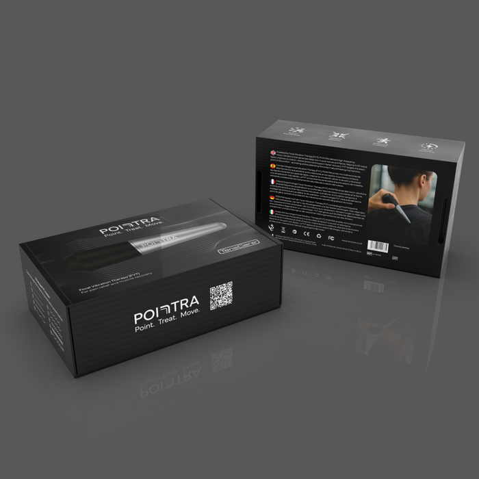 TensCare Pointra black product boxes showing front "Point. Treat. Move." and back with multilingual text, on grey background.