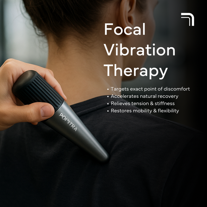 TensCare Pointra handheld focal vibration therapy device applied to a person's neck and shoulder, dark background.