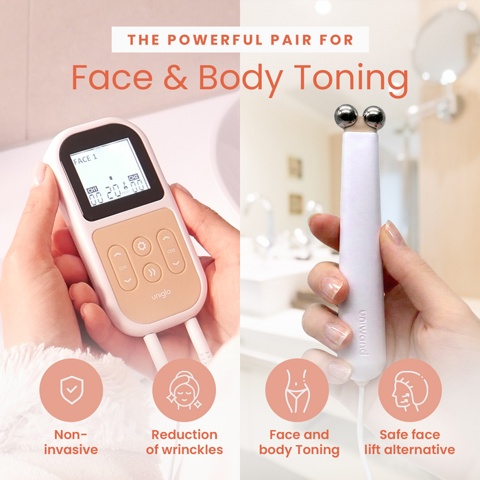 TensCare Uniglo handheld device and Uniwand massager held in hands, text "Face & Body Toning" on pink/white background