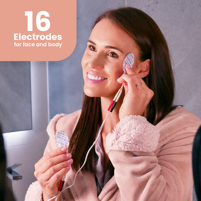 TensCare Uniglo & Uniwand Combo electrode pads applied to woman's cheek, text reads "16 Electrodes for face and body," peach background