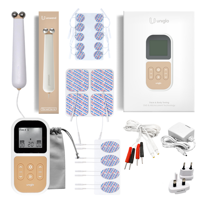 TensCare Uniglo & Uniwand Combo on white background, showing devices, electrode pads, lead wires, carry pouch, and power adapters