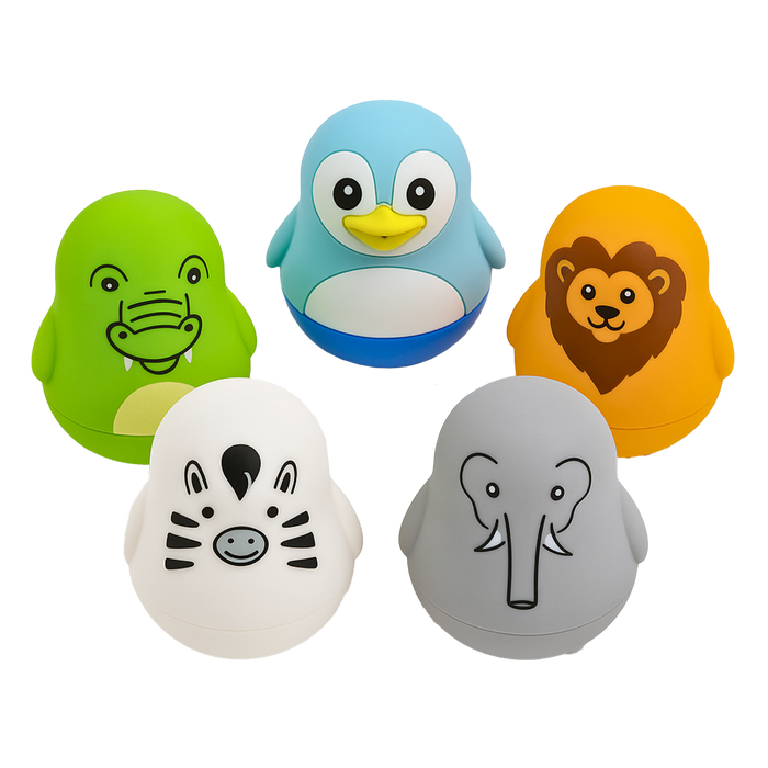 TensCare Zoo Friends Bath Toys set of 5 animal figures: green crocodile, blue penguin, orange lion, white zebra, grey elephant on white background.