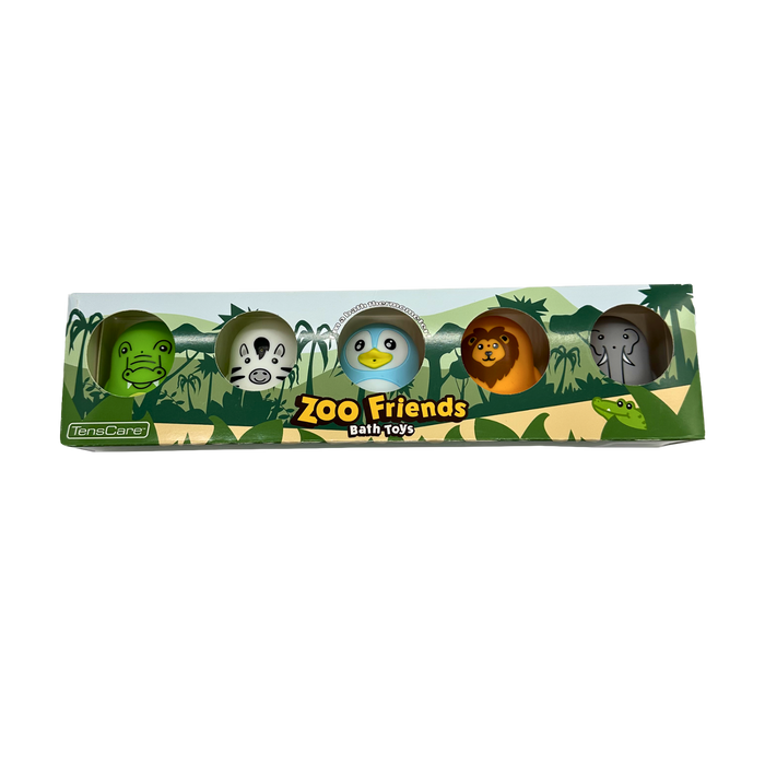 TensCare Zoo Friends Bath Toys box on white background, showing 5 animal figures: crocodile, zebra, penguin, lion, elephant