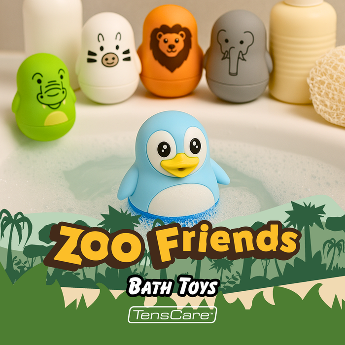 TensCare Zoo Friends Bath Toys: blue penguin in bubbles, with crocodile, zebra, lion, elephant figures on cream bath edge.