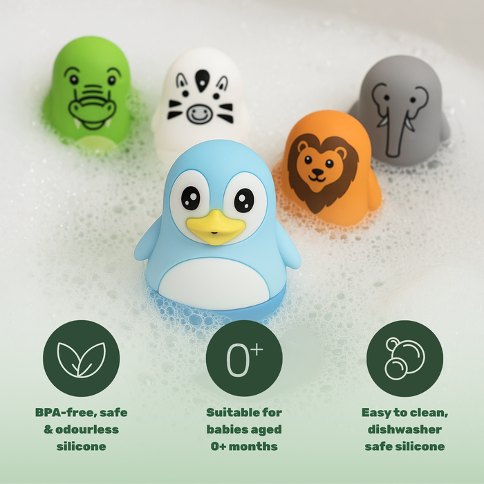 TensCare Zoo Friends Bath Toys in bubbly water: penguin, zebra, lion, elephant, hippo figures. BPA-free, 0+ months, dishwasher safe.