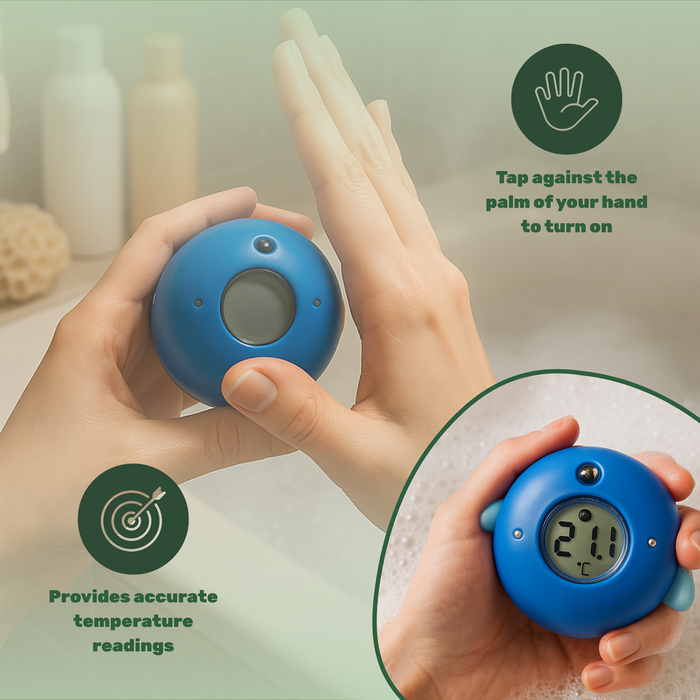 TensCare Zoo Friends Bath Thermometer held in hands, blue round device showing 21.1°C on display, light green background