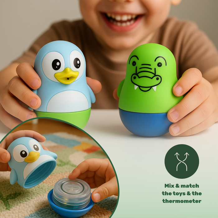 TensCare Zoo Friends Bath Toys & Bath Thermometer — blue penguin and green crocodile figures held by a child, inset shows thermometer inside toy base.
