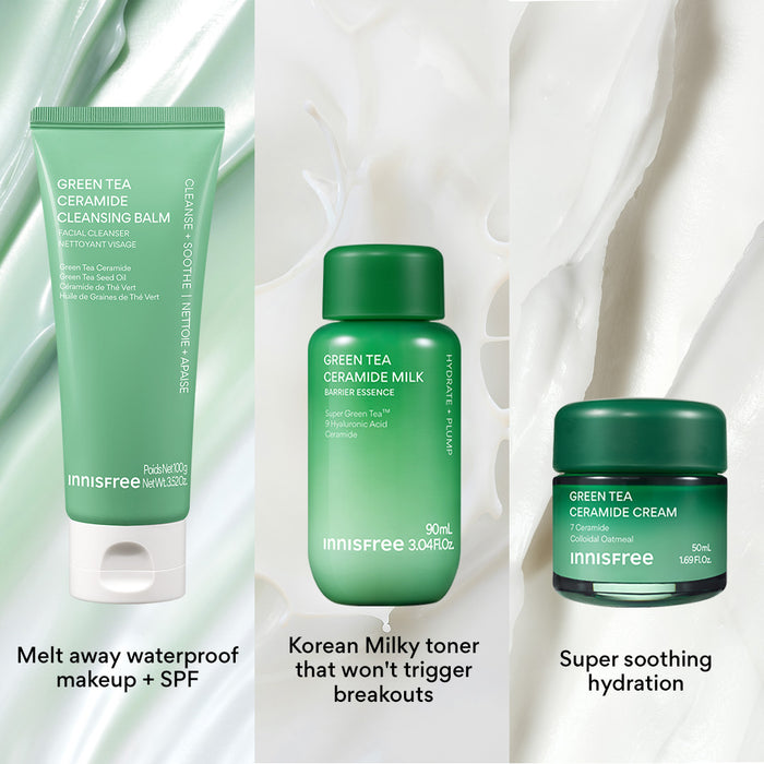 melt away waterproof makeup + SPF with Green tea Cleansing Balm, Korean Milky toner that won't trigger breakouts with Green Tea Ceramide Milk, and super soothing hydration with Green Tea Ceramide Cream