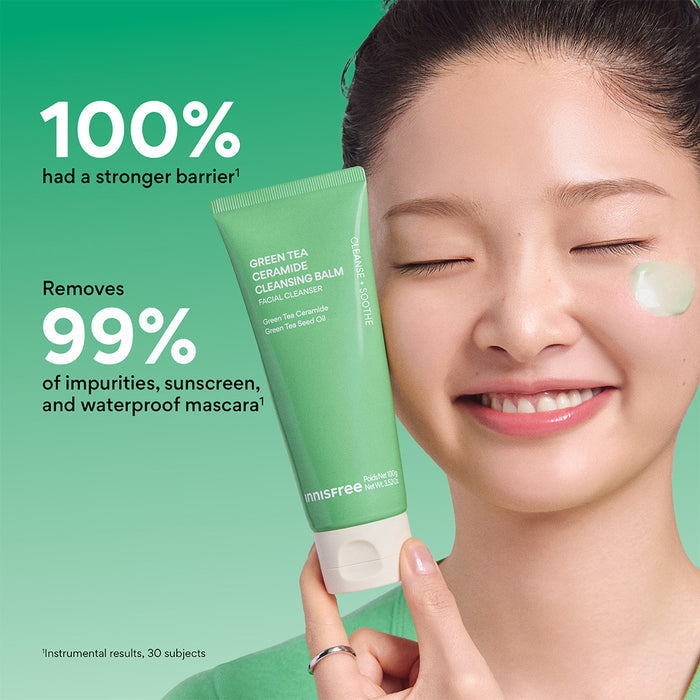 Green Tea Cleansing Balm claims with model holding product