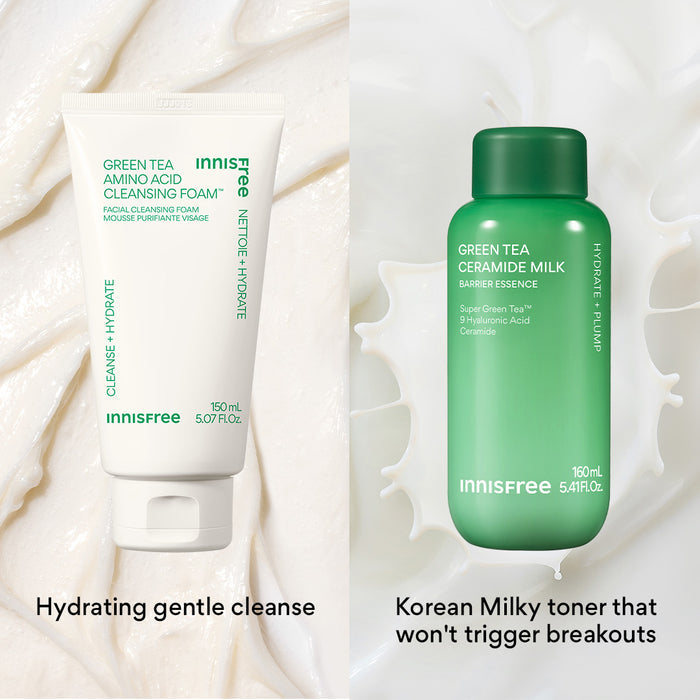 hydrating gentle cleanse with Green Tea Cleansing Foam and Korean Milky toner that won't trigger breakouts with Green Tea Ceramide Milk