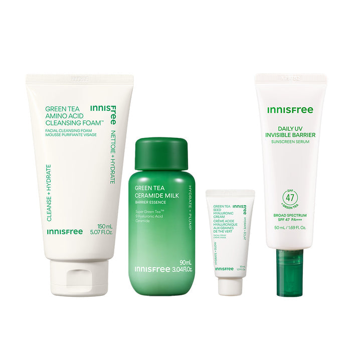 The Green Tea Daily Routine packshot ft. Green Tea Cleansing Foam, Green Tea Ceramide Milk (90ML), Green Tea Hyaluronic Cream (30mL), Green Tea Sunscreen Serum SPF 47