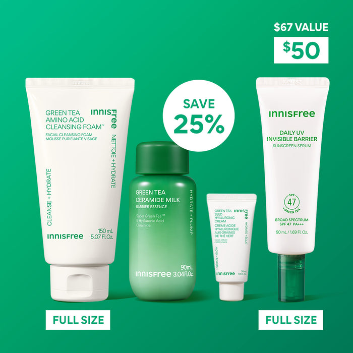 The Green Tea Daily Routine bundle - save 25%, $50 $67 value, full size of Green Tea Cleansing Foam and Green Tea Sunscreen Serum SPF 47