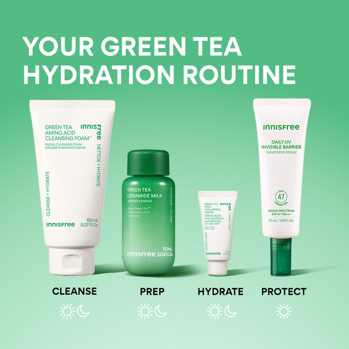Your Green Tea Hydration Routine: Cleanse with Green Tea Cleansing Foam, Prep with Green Tea Ceramide Milk, Hydrate with Green Tea Hyaluronic Cream, and Protect with Green Tea Sunscreen Serum