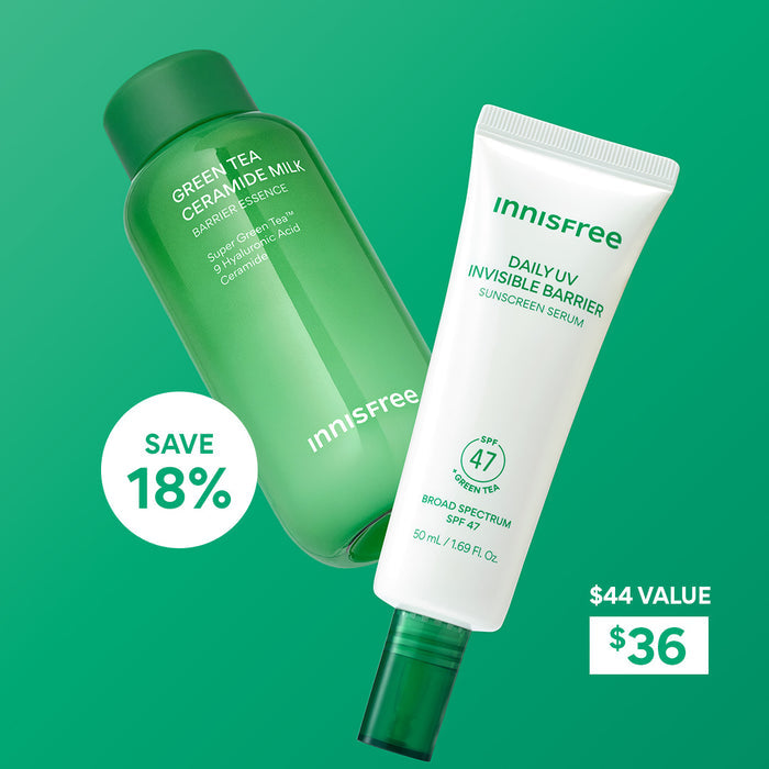 The Hydrated Protection Essentials: Green Tea Ceramide Milk and Green Tea Sunscreen Serum save 18%, $36 $44 value