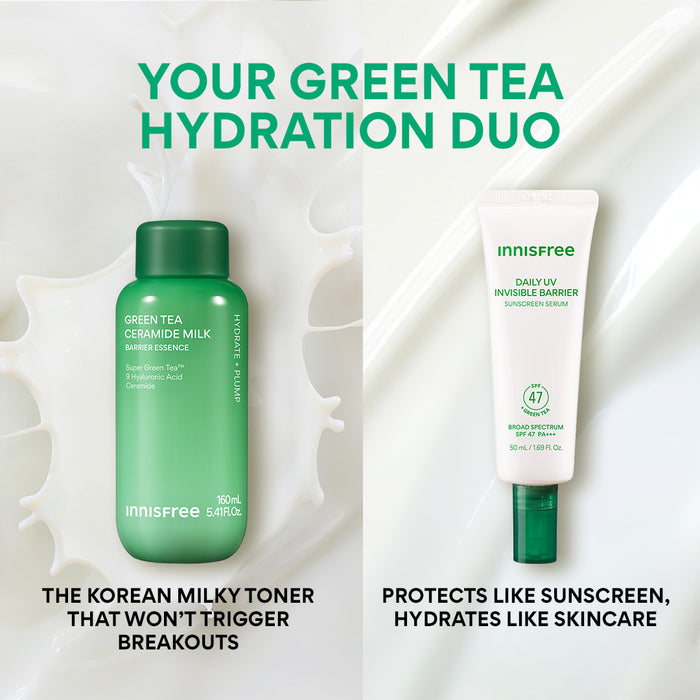 your green tea hydration duo: Green Tea Ceramide Milk and Green Tea Sunscreen Serum