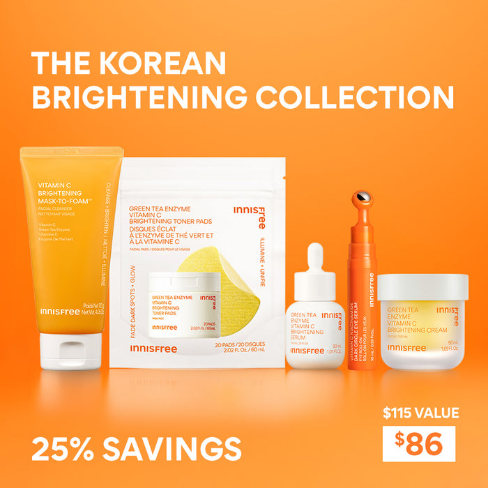 Innisfree Korean skincare products on an orange background with text about the brightening collection and savings.