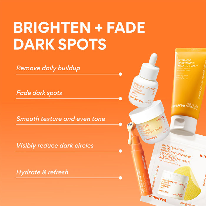 Innisfree skincare products on an orange background with text highlighting product benefits.
