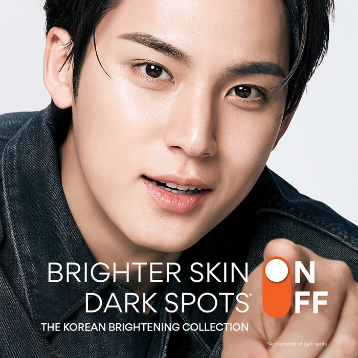 Male Model  with campaign messaging titled "Brighter Skin ON, Dark Spots OFF"