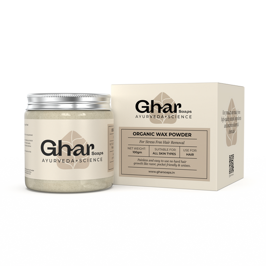 Ghar Soaps Organic Wax Powder for hair removal, 100g jar with box, suitable for all skin types.
