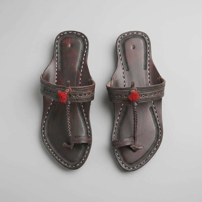 The Royal leather Kolhapuri chappal for women in dark brown handcrafted leather by NIIRA