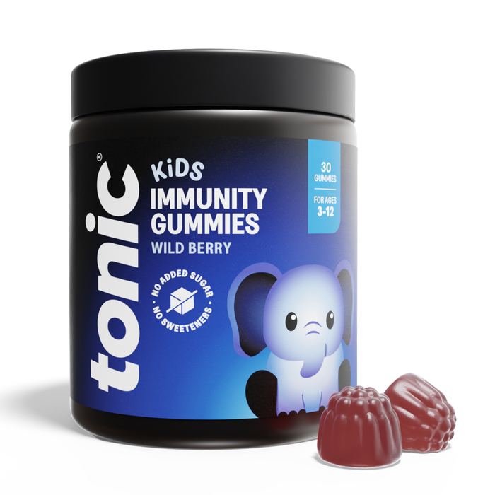 Tonic Kids Immunity Gummies Wild Berry black jar with blue label, 30 gummies for ages 3-12, two red berry gummies beside it, white background.