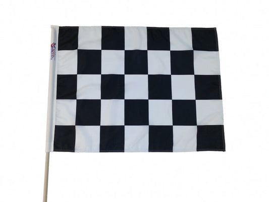 Sewn black and white checkered race flag on hardwood dowel