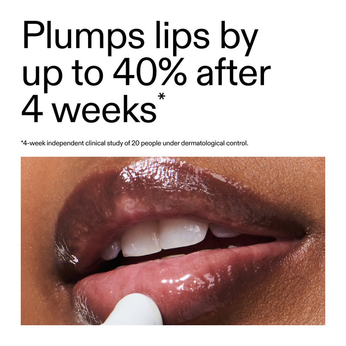 Lip plumping product advertisement with close-up of lips and text claiming 40% increase after 4 weeks.