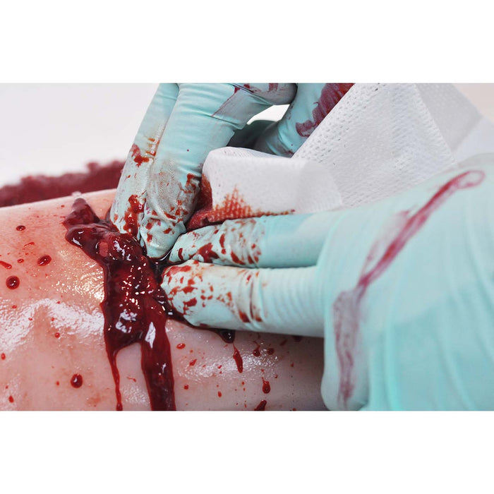 Blood Simulant Concentrate, 1 Gallon + Bottle by TrueClot in use with simulated hemostatic gauze for stop the bleed training