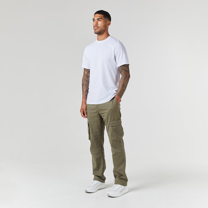 model wearing khaki green cargo trousers