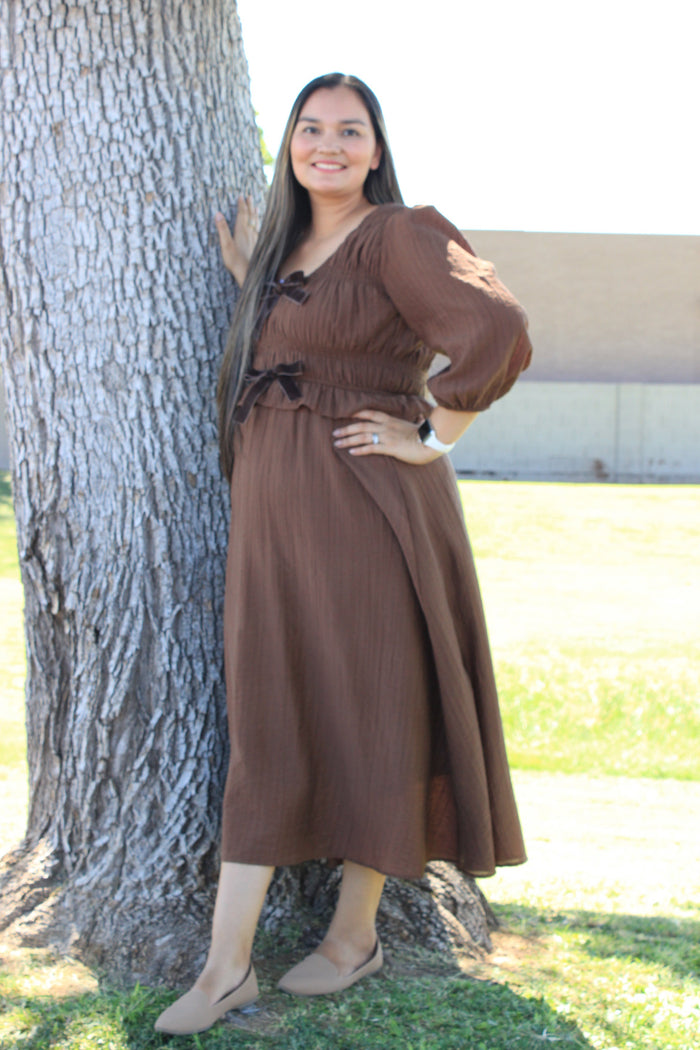 Velvet Bow Tie Long Sleeve Midi Dress
