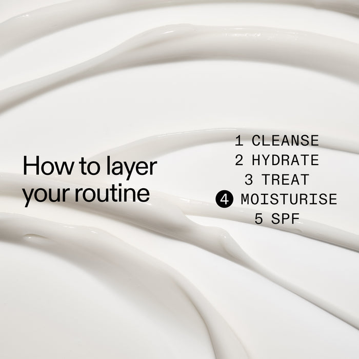 Close-up of white cream with text on how to layer Vitamin B, C and E Moisturiser in  a skincare routine.