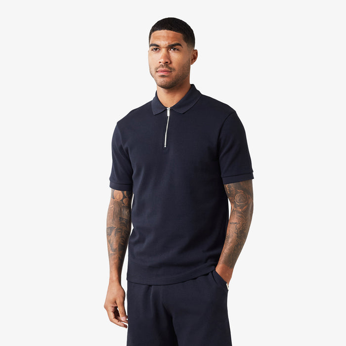 Men's  Dark Navy Waffle Knit Zip Polo  Closure London  Front View