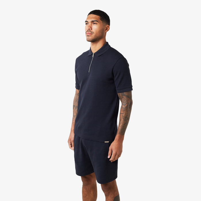 Waffle Knit Zip Polo | Dark Navy