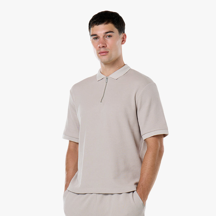 Waffle Knit Zip Polo | Stone